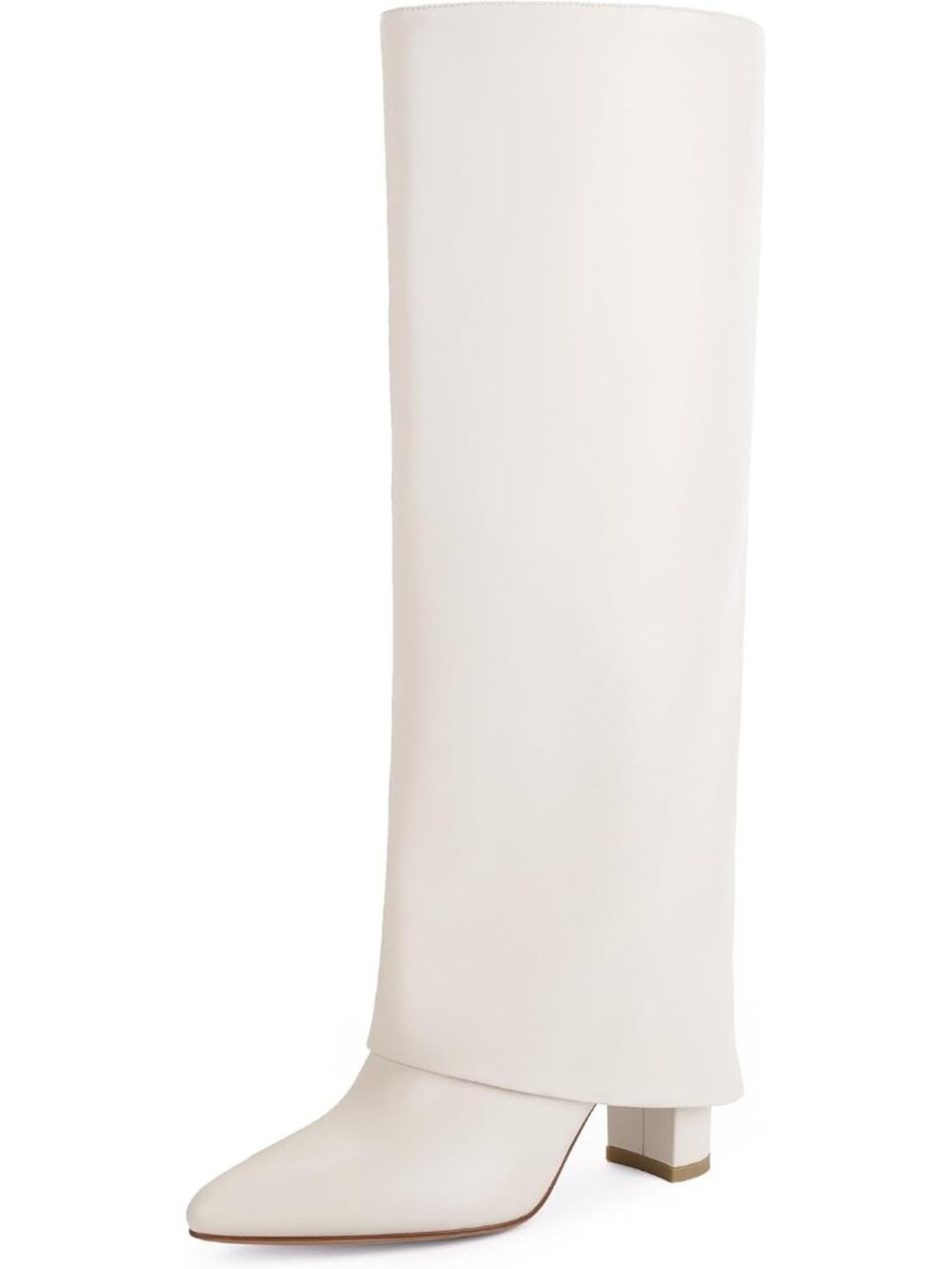 Women's White Chunky High Heels Long Zipper Pointed Toe Fold Over Knee High Boot